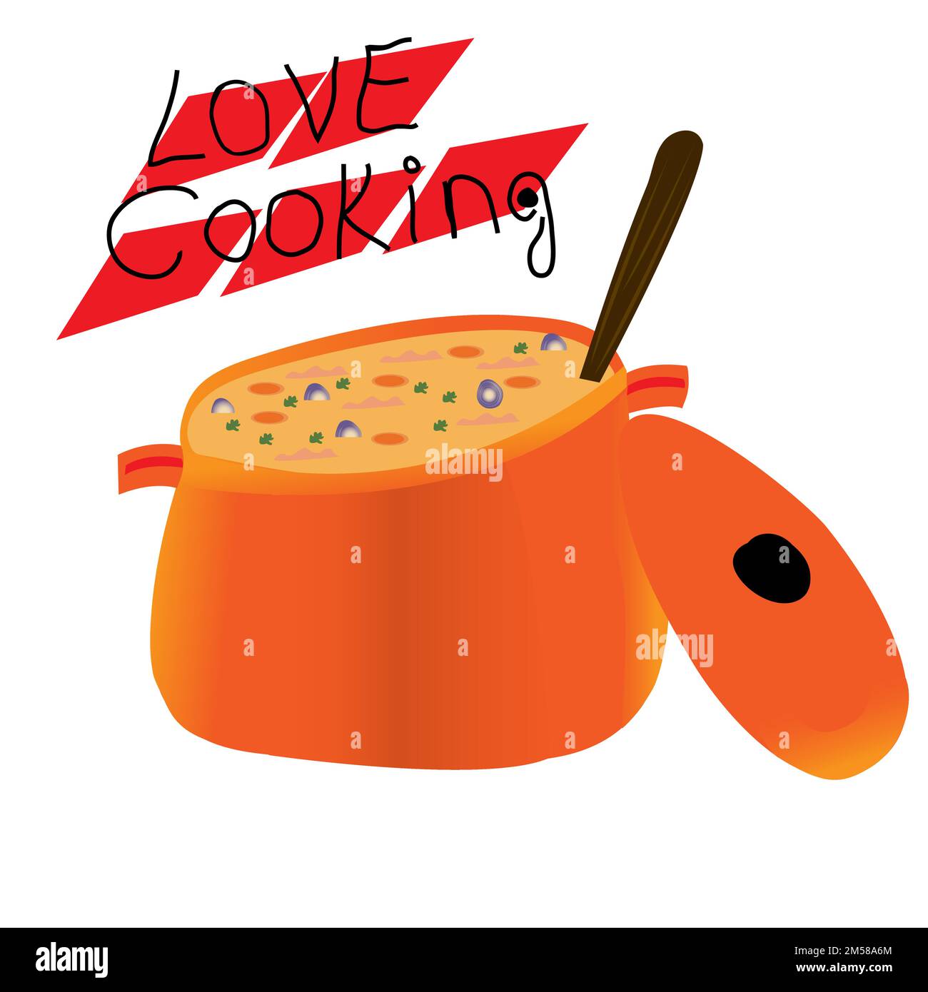 Abstract orange cooking pot icon with love cooking writing; vector