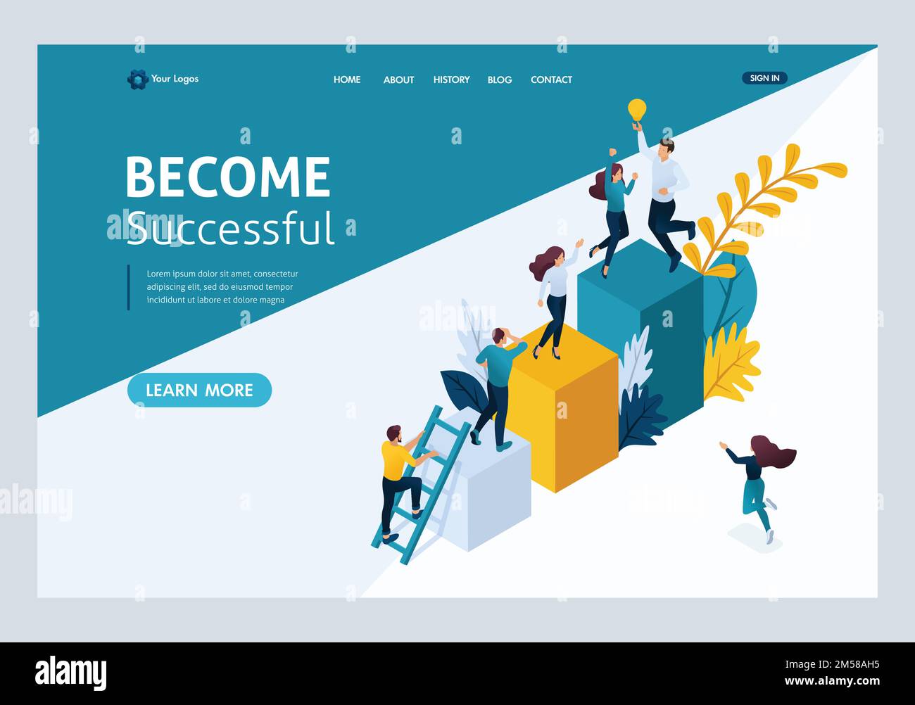 site Template Landing page Isometric concept young entrepreneurs, start up project