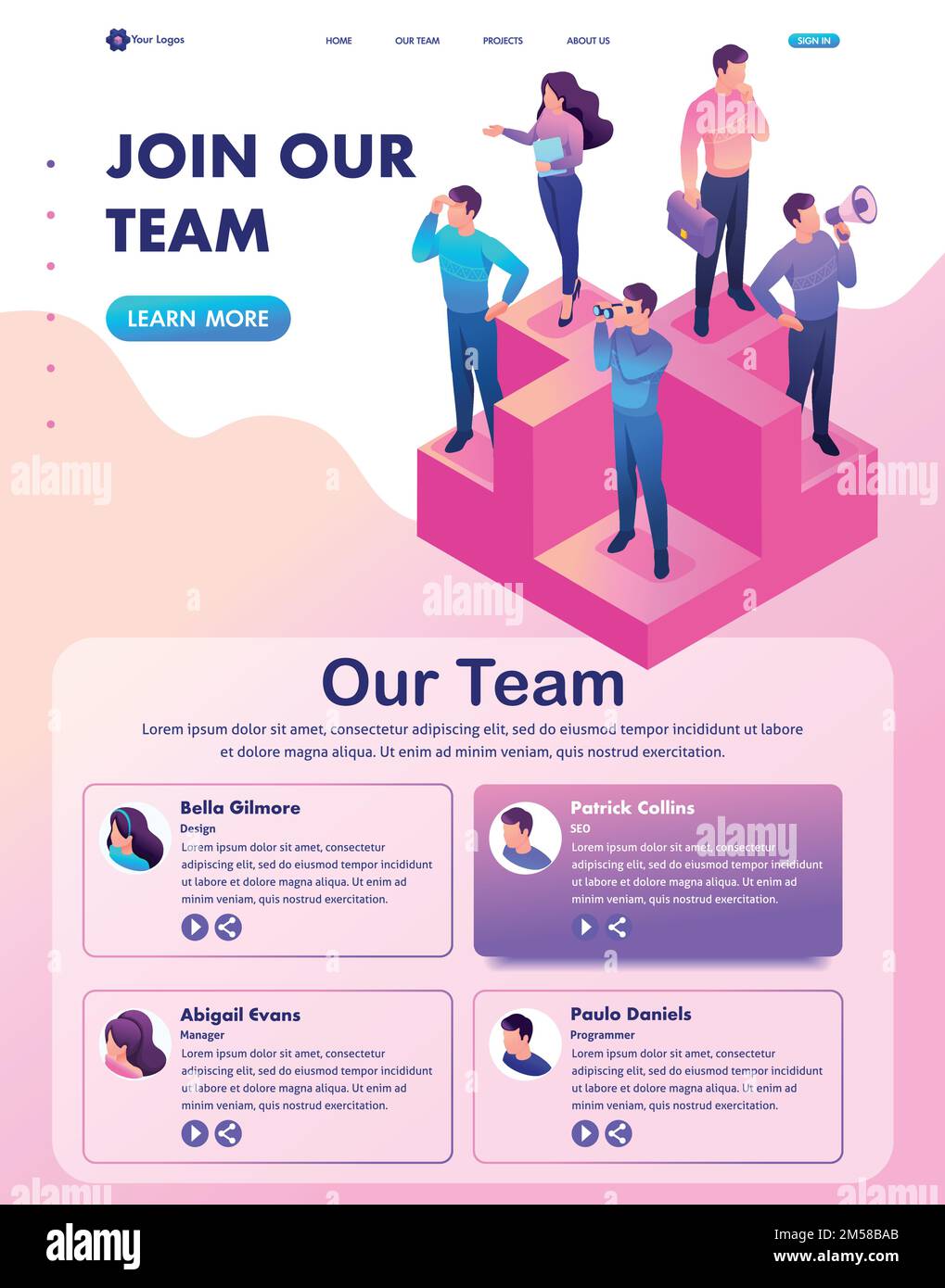 Isometric Website Template Landing page bright concept join our team, we need professionals. Stock Vector