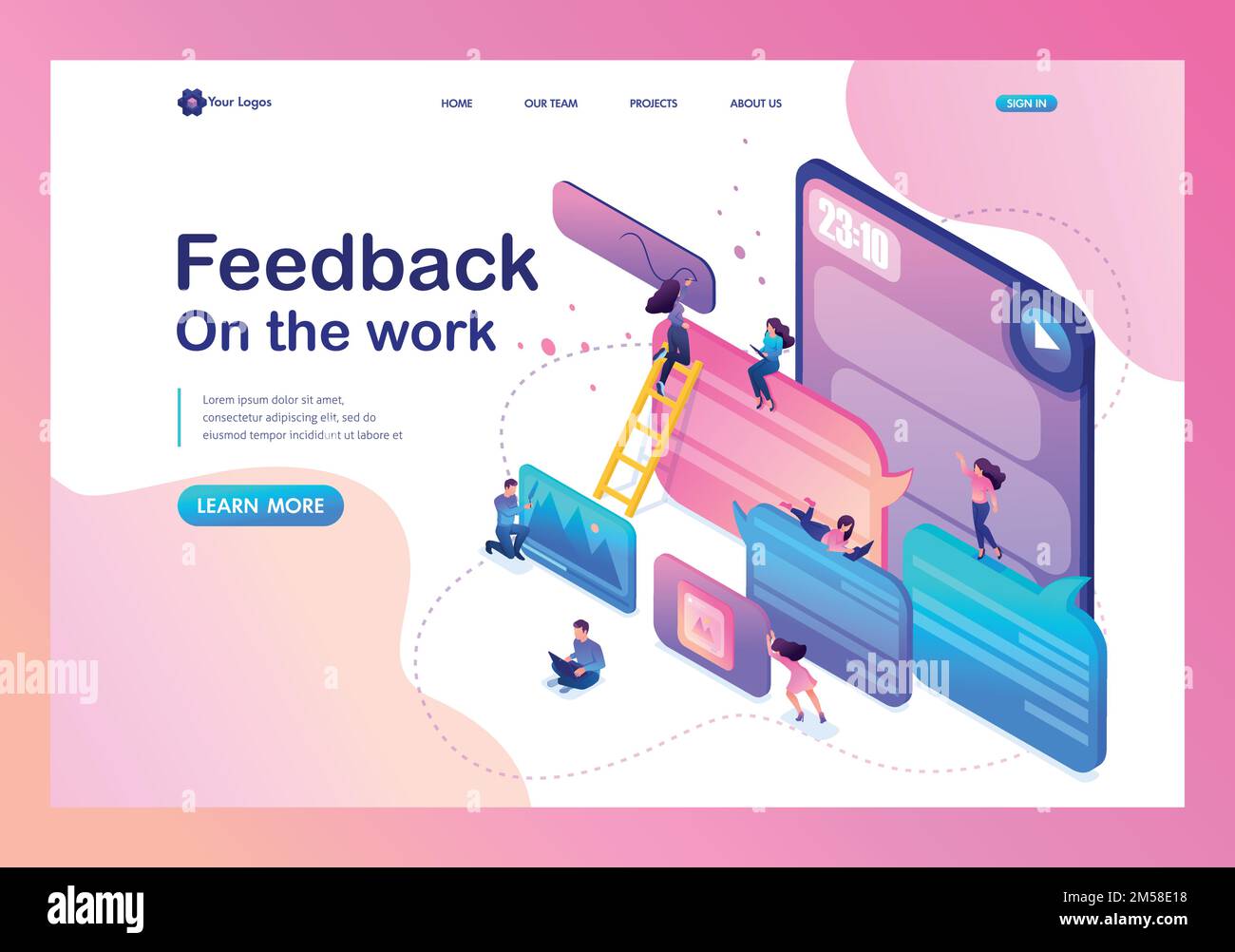 Isometric bright concept users write comments, recall and feedback about services. Template Landing page. Stock Vector