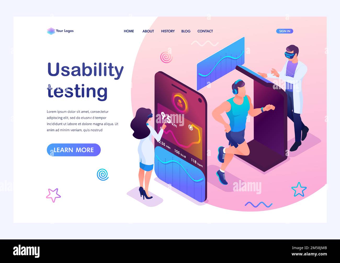 Isometric concept Scientists are testing a mobile app to track an athlete's workout. The athlete runs in training. Landing page template for the site. Stock Vector