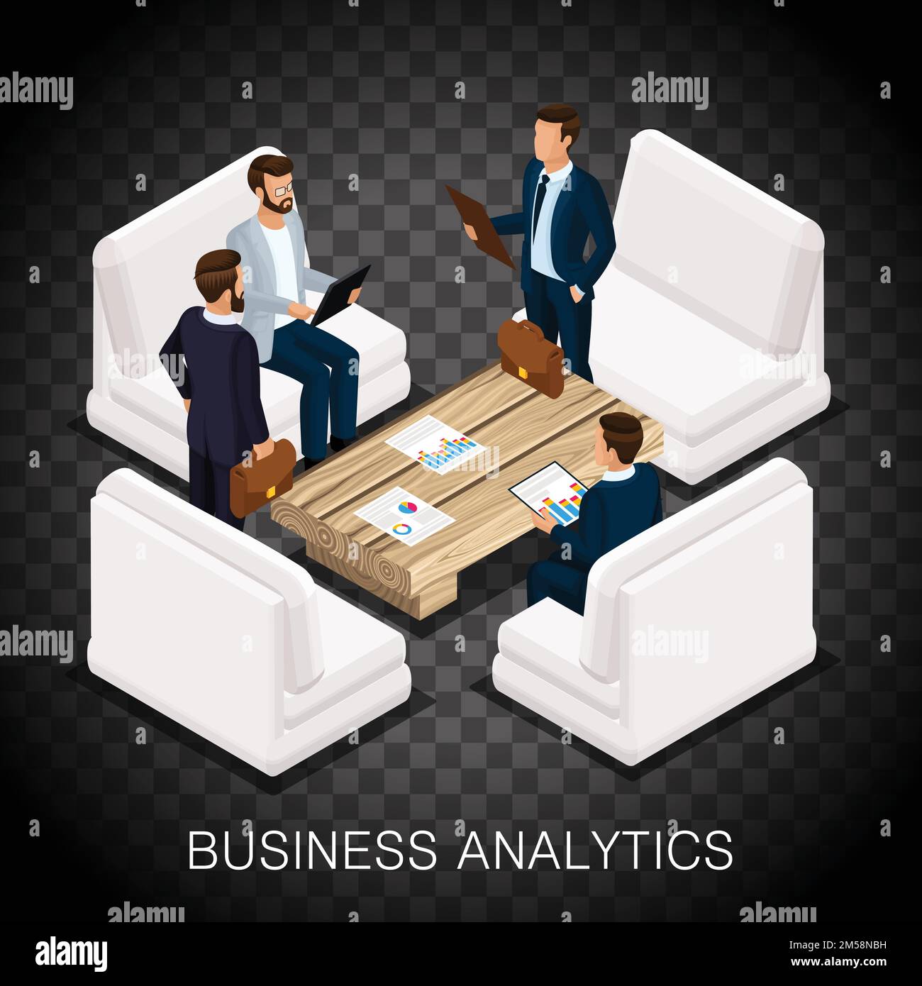 Trendy isometric businessmen, business center, analytics, modern furnishings, high-quality work. Create business ideas, planning on a transparent back Stock Vector