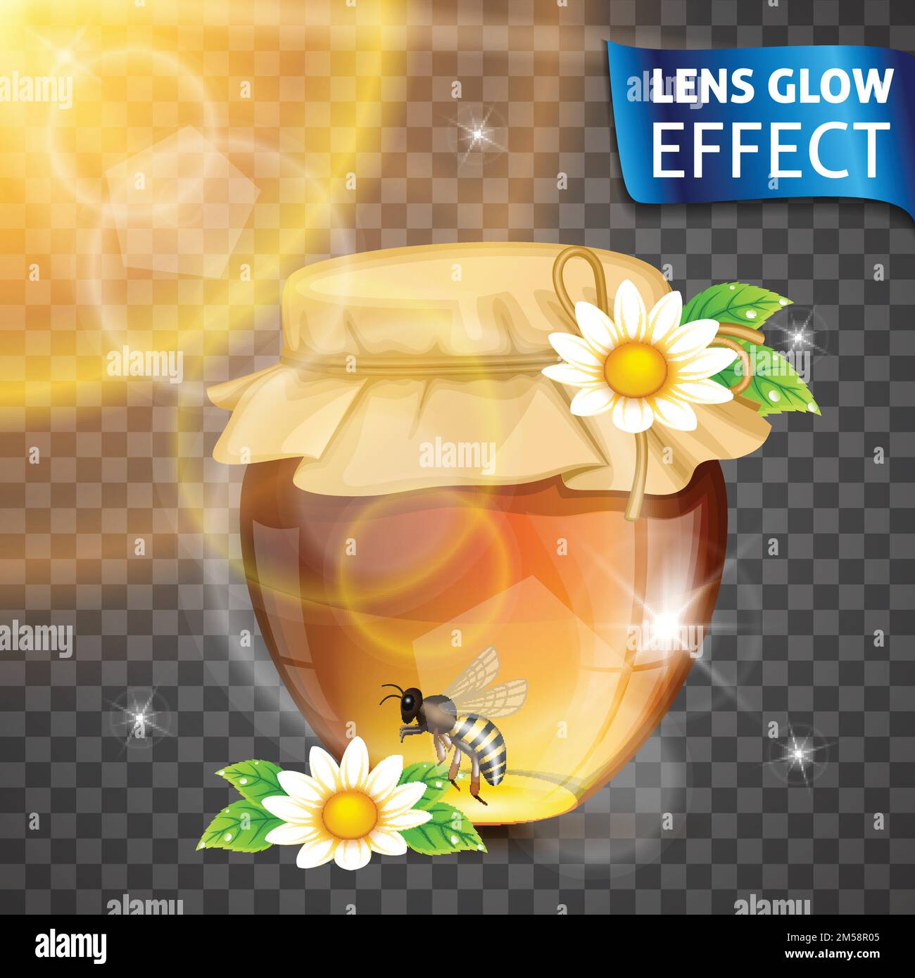 Lens glow effect. Honey, honey bank, flowers, bee, glowing effect of