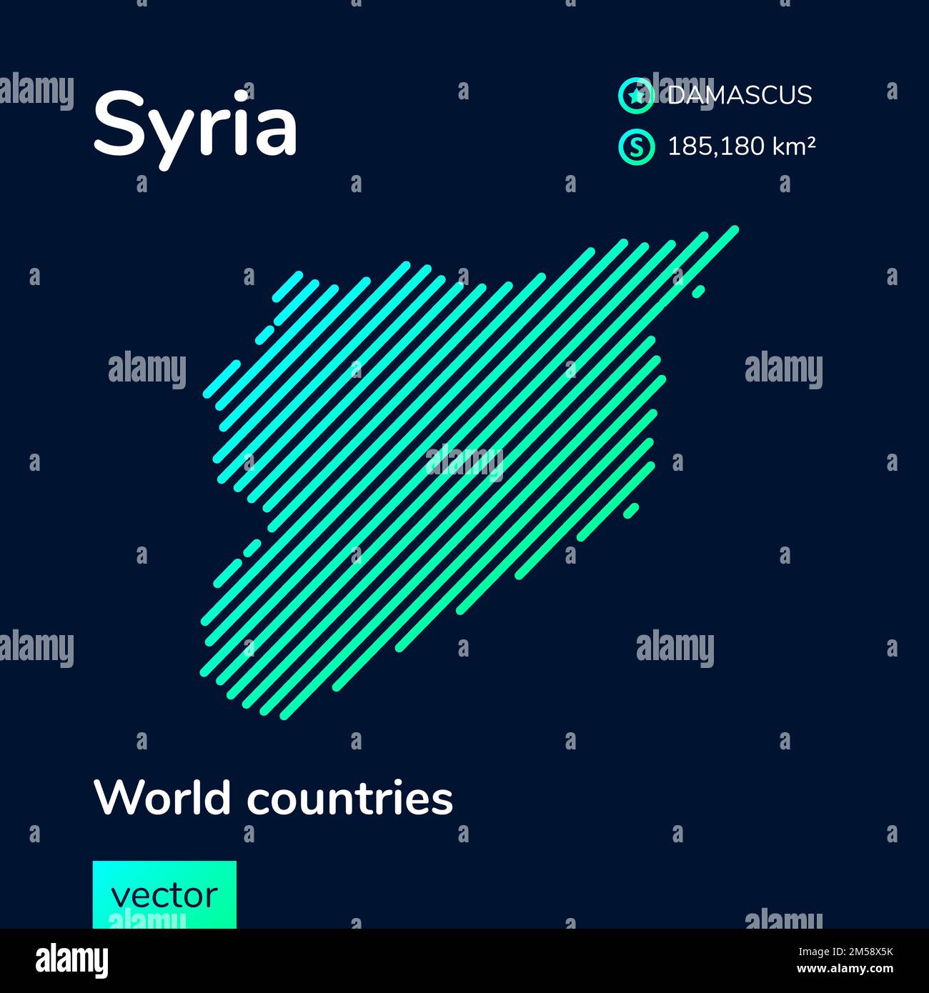 Vector creative digital neon flat line art abstract simple map of Syria with green, mint, turquoise striped texture on dark blue background. Education Stock Vector