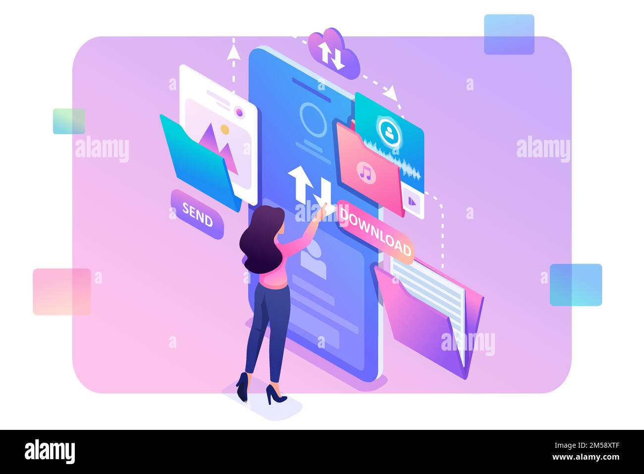 Young girl interacting with the data storage, downloads and uploads files to the cloud. Data exchange concept. 3d isometric. Concept for web design. Stock Vector