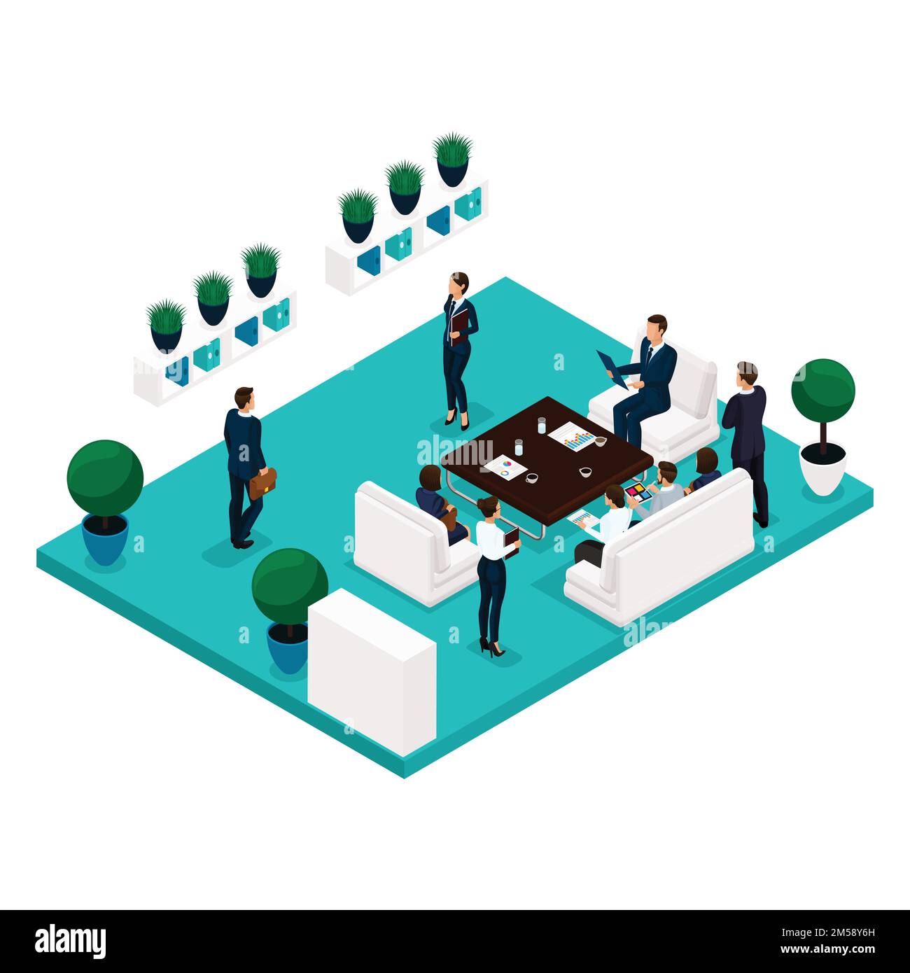 Trend Isometric people communicating concept rear view, large office room, meeting, discussion, brainstorming, business, and business ladies in suits Stock Vector