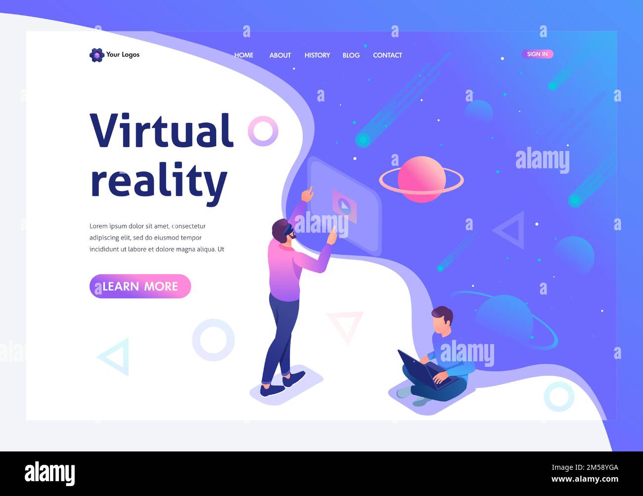 Isometric a young man runs a virtual reality using virtual glasses, a teenager runs on a laptop. Template landing page. Stock Vector