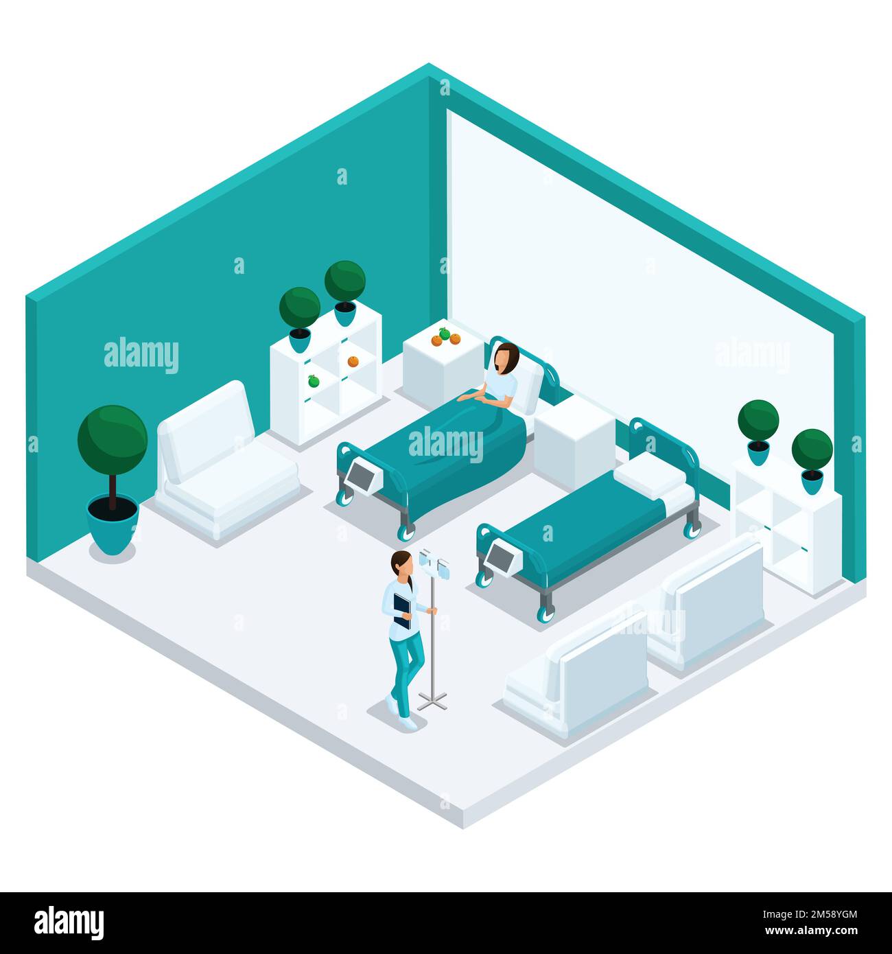 Fashion isometric people, a hospital room, the chamber is a front view