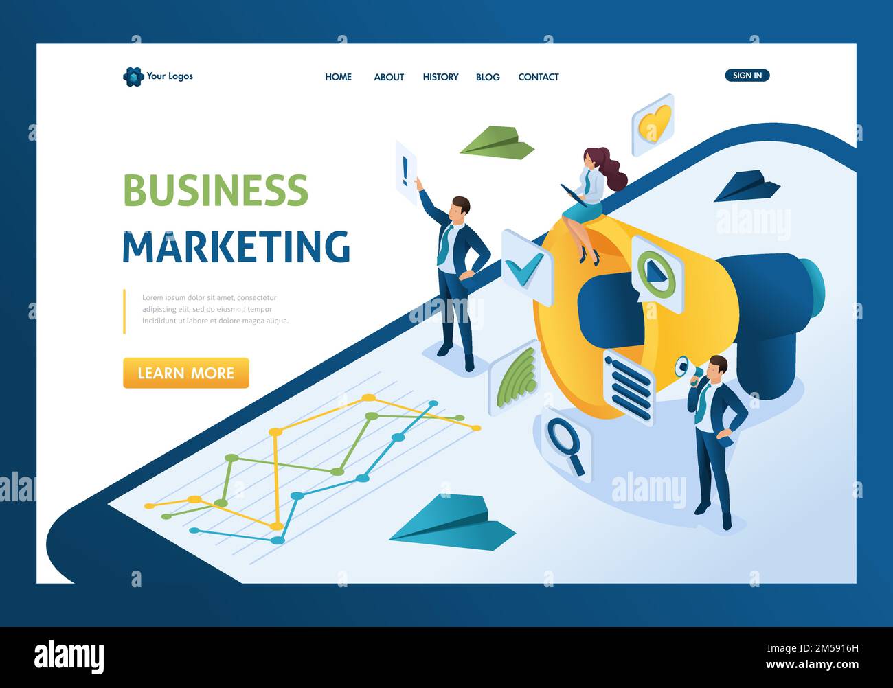 Isometric business marketing, businessmen next to the big megaphone and ...