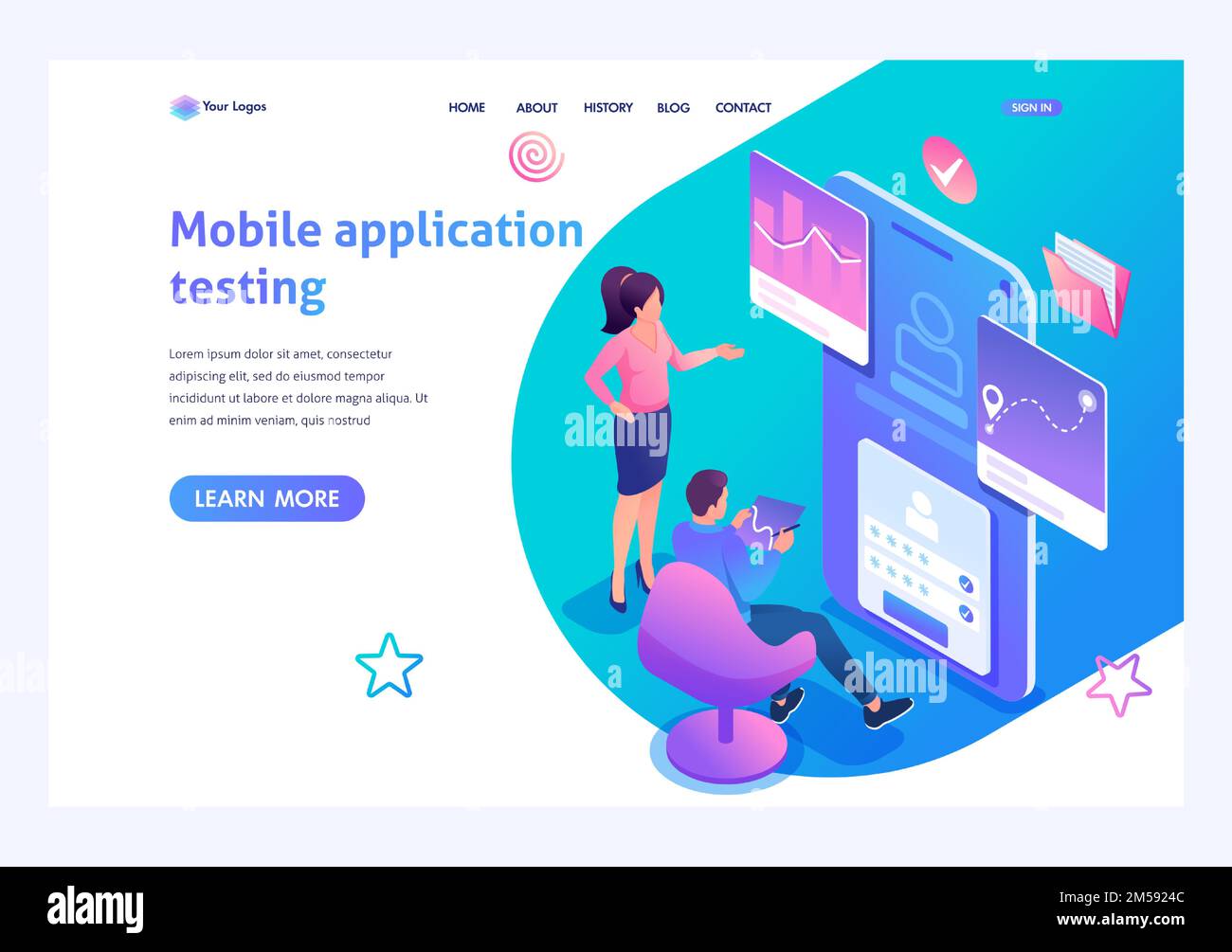 Isometric concept young people are engaged in Testing the Mobile application, the work of the program. Template landing page for website. Stock Vector