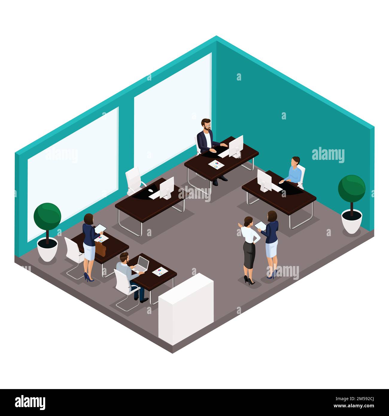 Trend isometric people, a room, an office Rear view of a large office ...