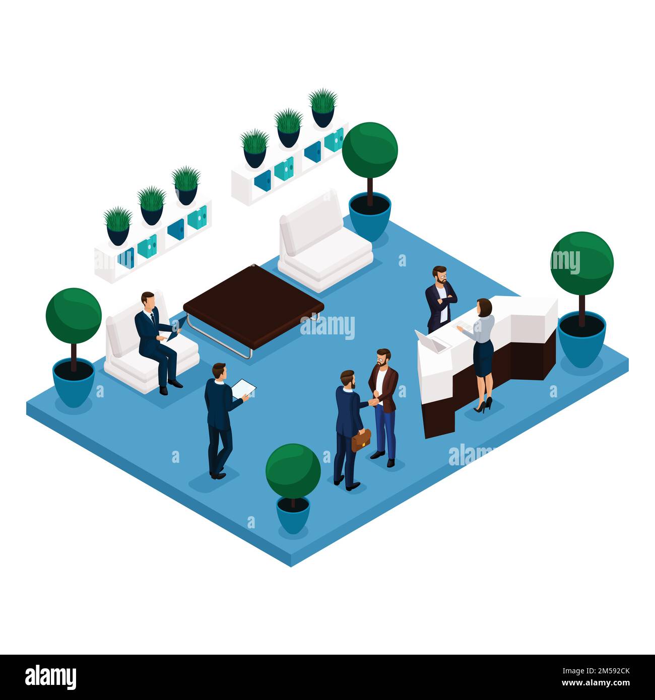 Trend isometric people, concept communicating room rear view, large office room, reception, office workers businessmen and business woman in suits iso Stock Vector