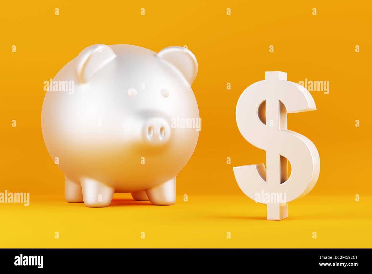 Piggy bank and US dollar symbol on yellow background. Saving money, financial investment and household budget concepts. 3D rendering. Stock Photo