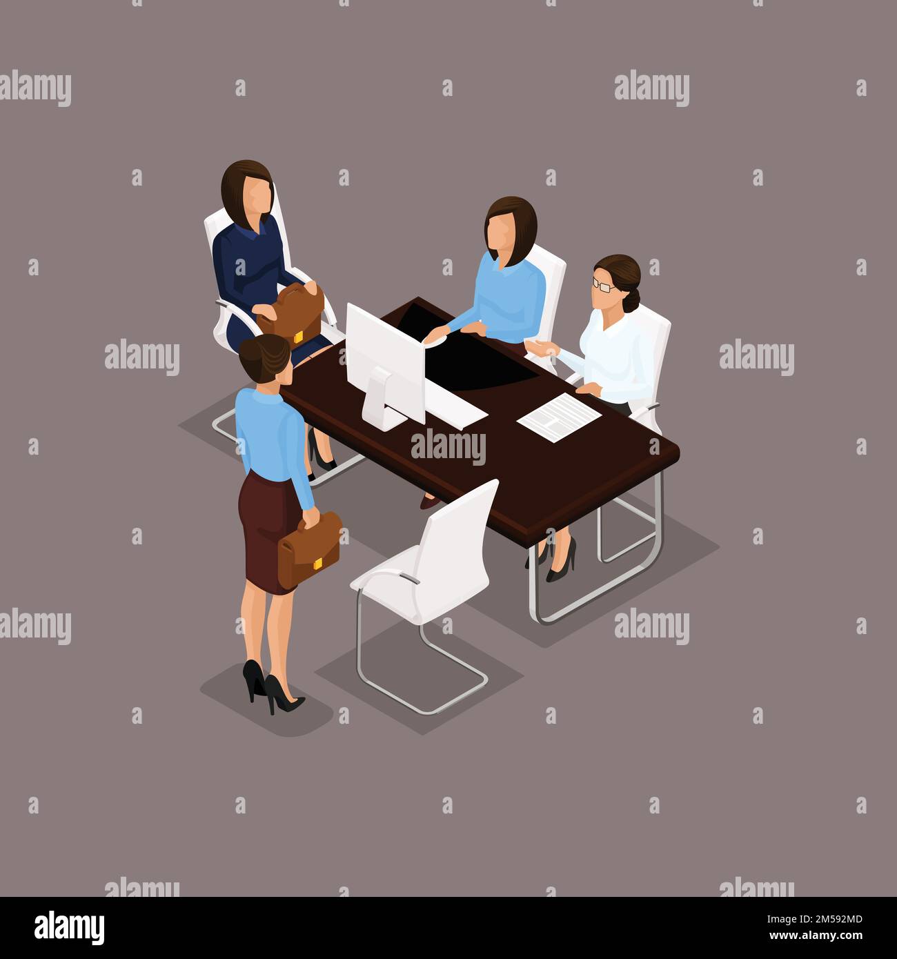 Business people isometric set of women, dialogue, brainstorming in the office isolated on dark background vector illustration. Stock Vector