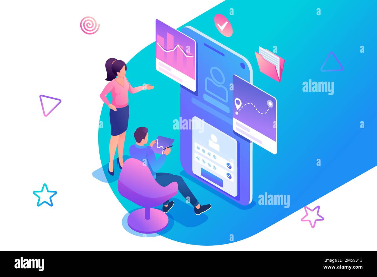 Isometric concept young people are engaged in Testing the Mobile application, the work of the program. Concept for web design. Stock Vector