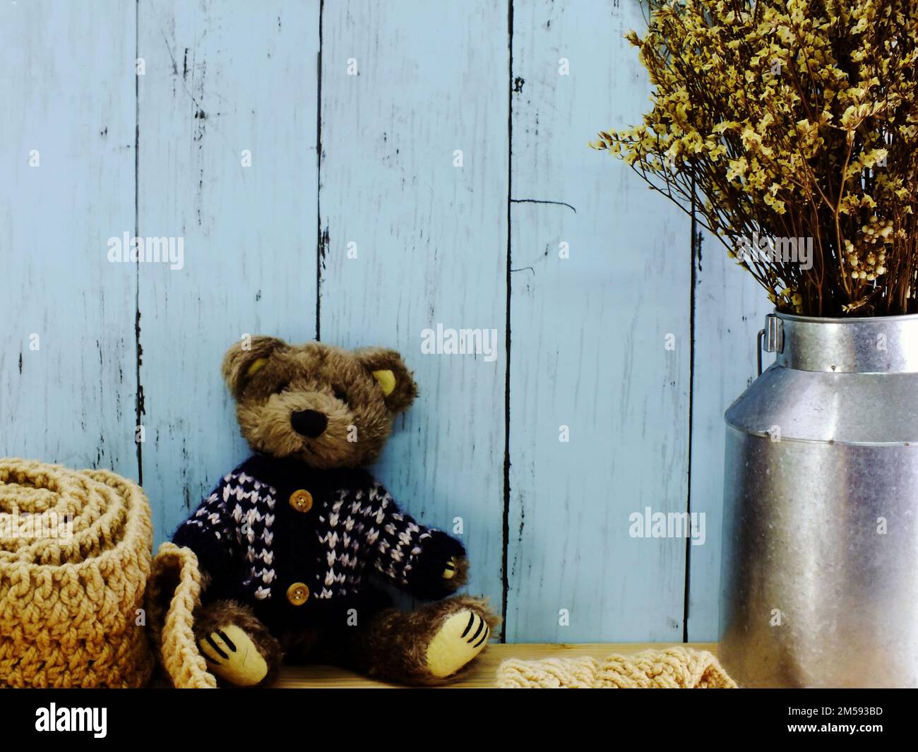 teddy bear with scarf and copy space background Stock Photo - Alamy