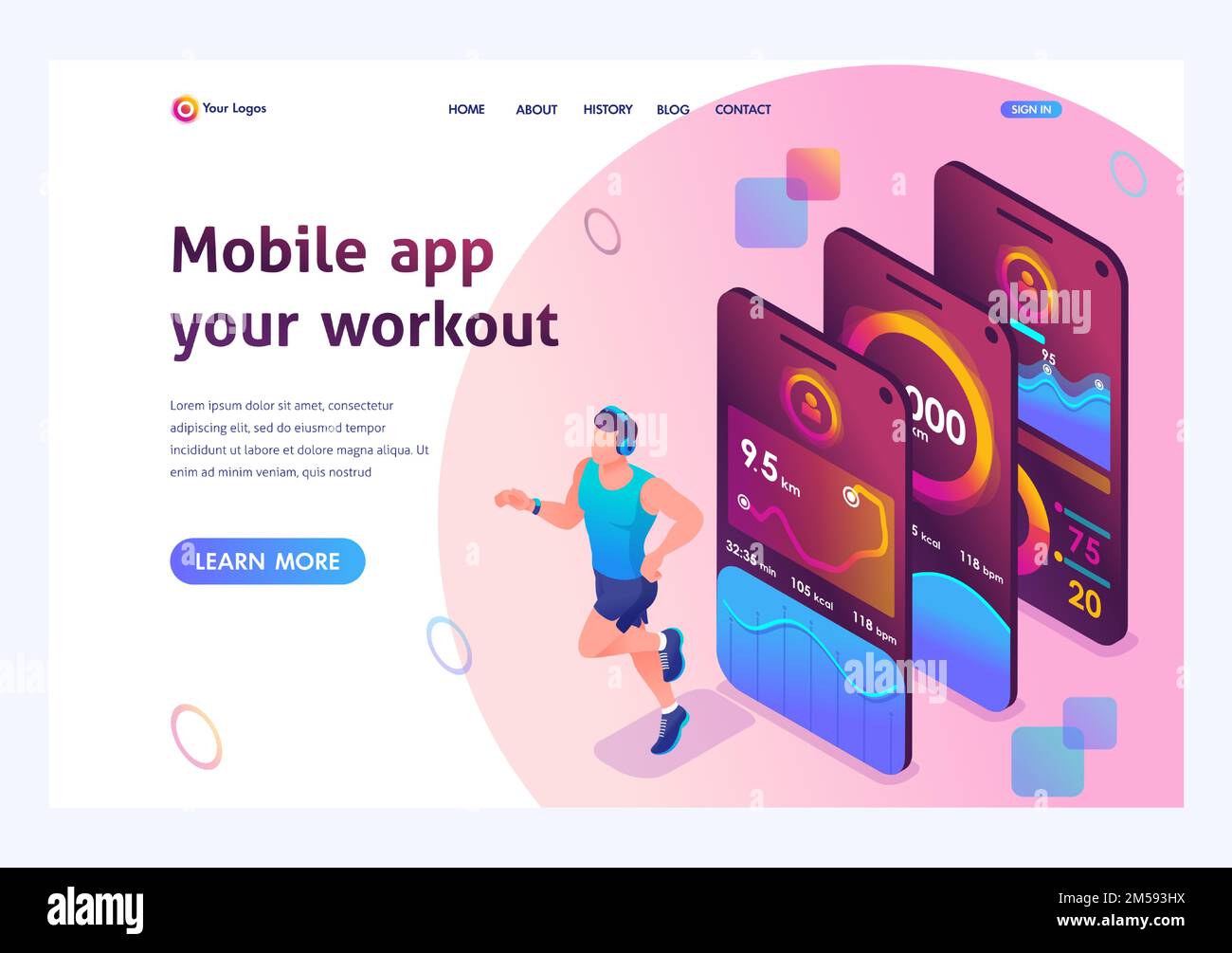 Isometric concept The mobile app tracks a person's training. Athlete training, a man running. Landing page template for the site. Stock Vector