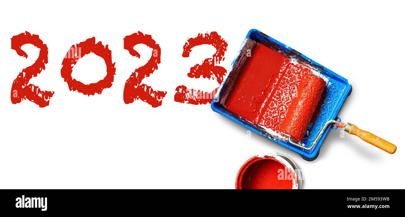 Painting tools and 2023 text on whithe background. Happy New Year Stock Photo