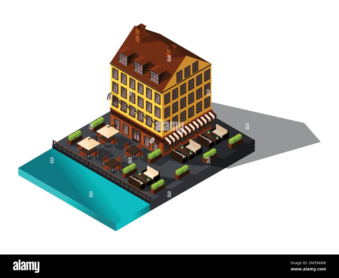 Isometric icon, 3d house by the sea, restaurant, Denmark, Paris, the historic center of the city, the old building of the hotel-01. Stock Vector