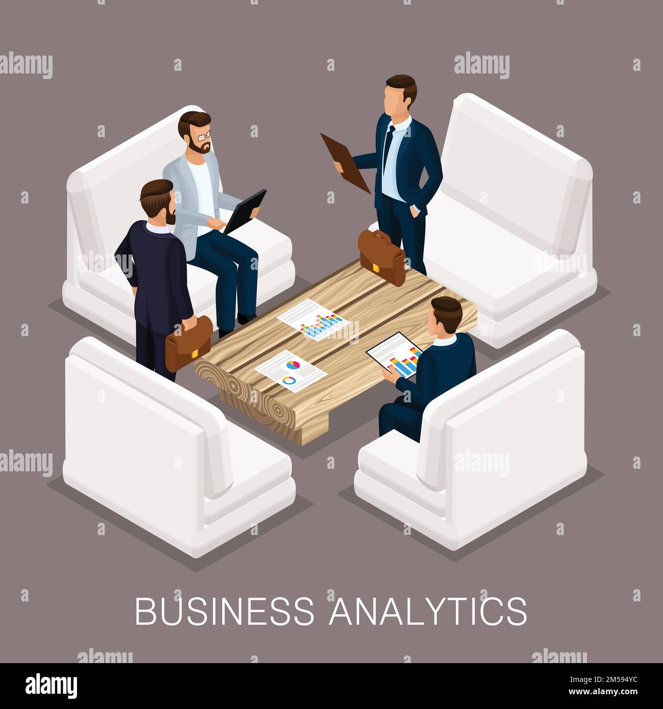 Trendy isometrics business operation, a business center, an analyst, modern furnishings, high-quality work. Create business ideas, planning. Vector il Stock Vector