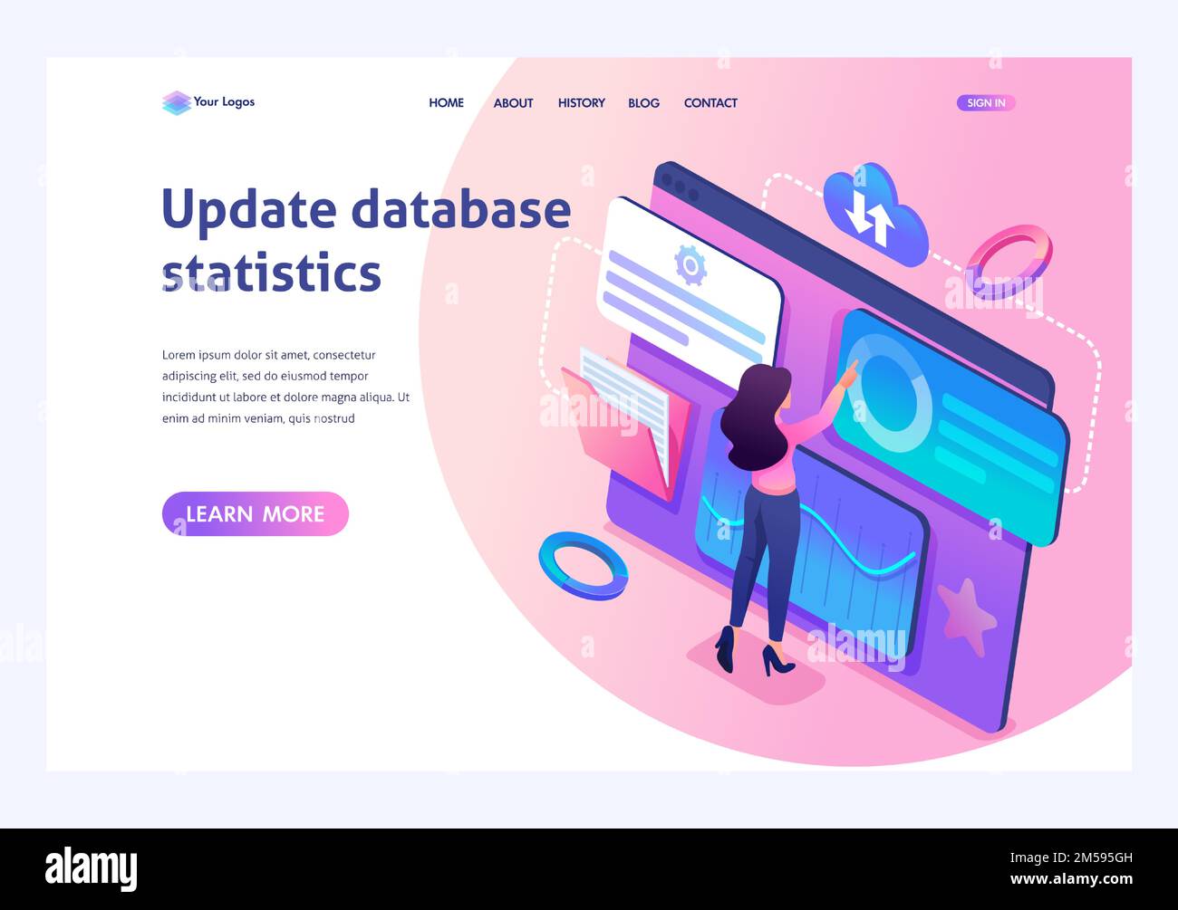 Isometric concept young girl updates the statistical data, working on the large tablet.Template landing page for website. Stock Vector
