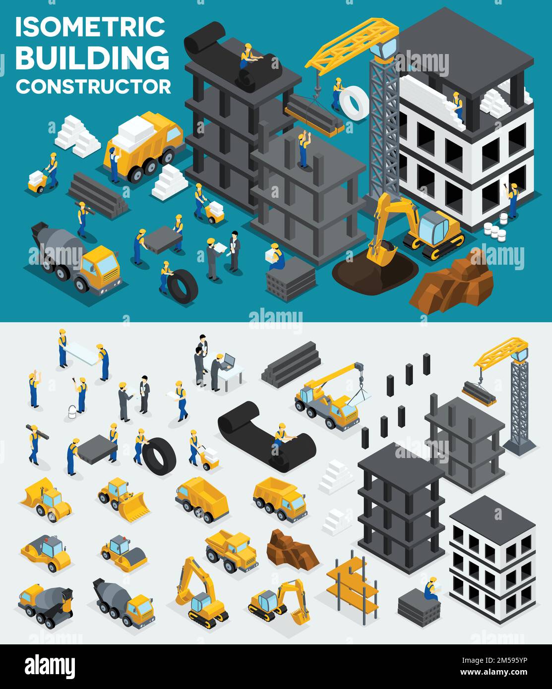 Design building isometric view, create your own design, building construction, excavation, heavy equipment, trucks, construction workers, people, unif Stock Vector