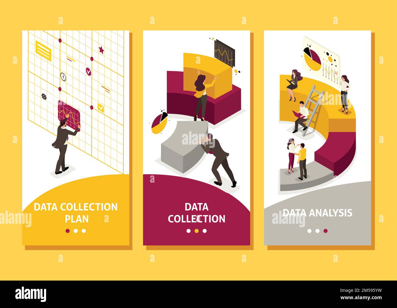 Isometric Template app collecting and analyzing data, people collect a