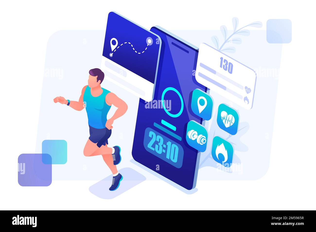 Isometric concept mobile app tracks your workout, male athlete on a run. Training of a young man. Concept for web design. Stock Vector