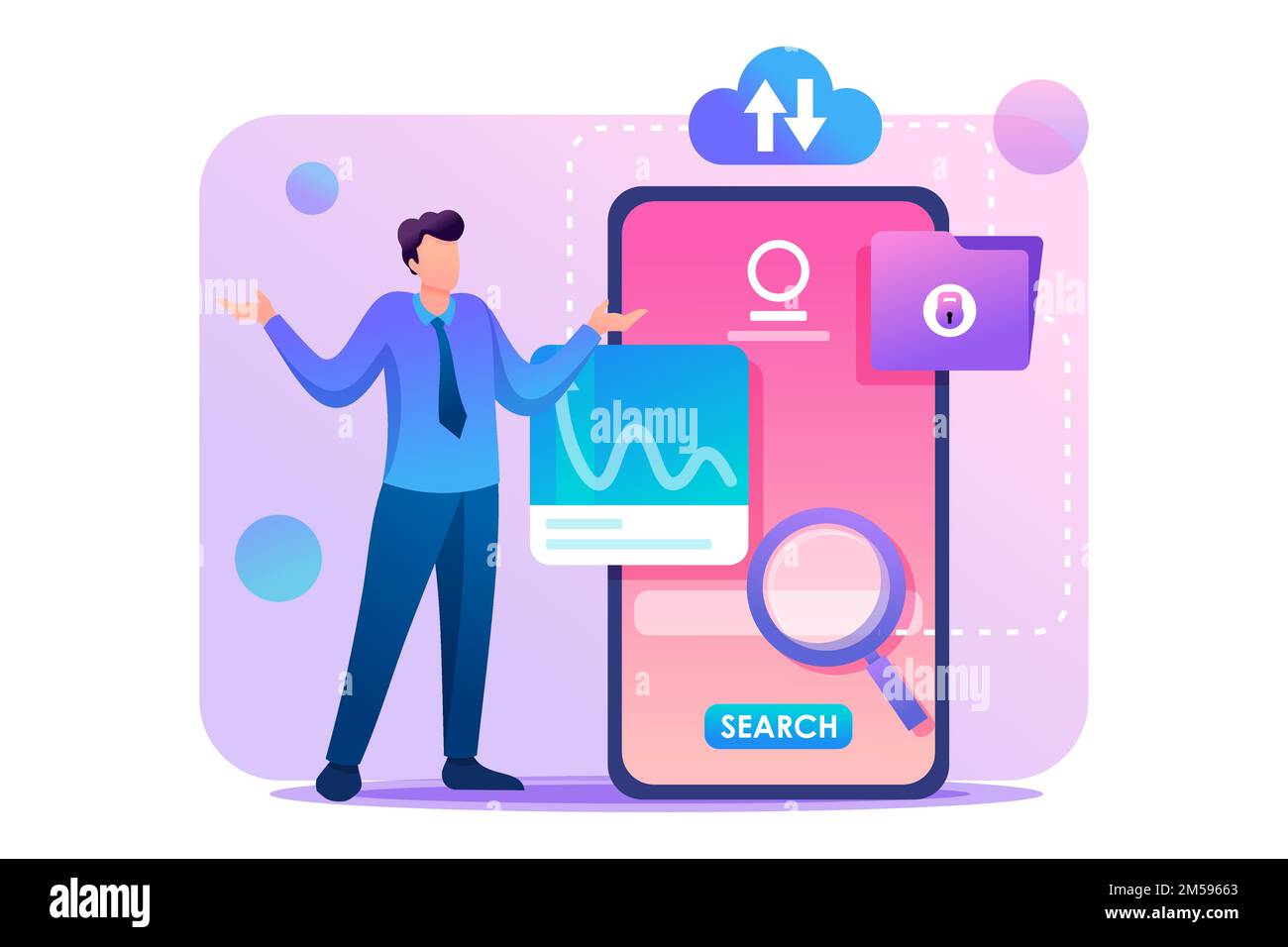 Young man is at a loss at the phone screen, searching for information. Flat 2D character. Concept for web design. Stock Vector