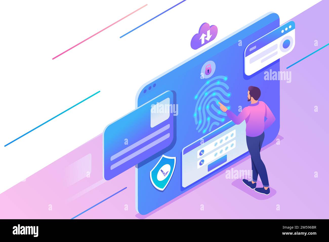 Isometric concept Young man provides data Protection on tablet, antivirus settings. Concept for web design. Stock Vector