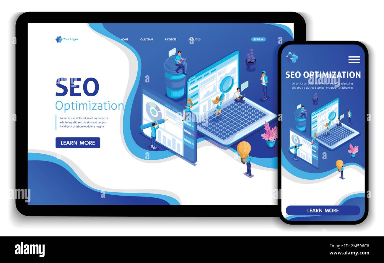 Template design SEO analytics landing page. Isometric Search engine ...