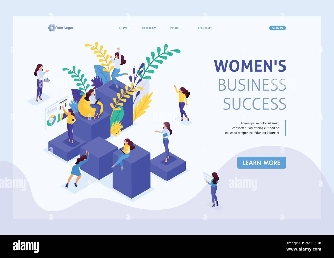 Isometric concept career ladder for women, success in big business. Business lady succeeds. Website Template Landing page. Stock Vector