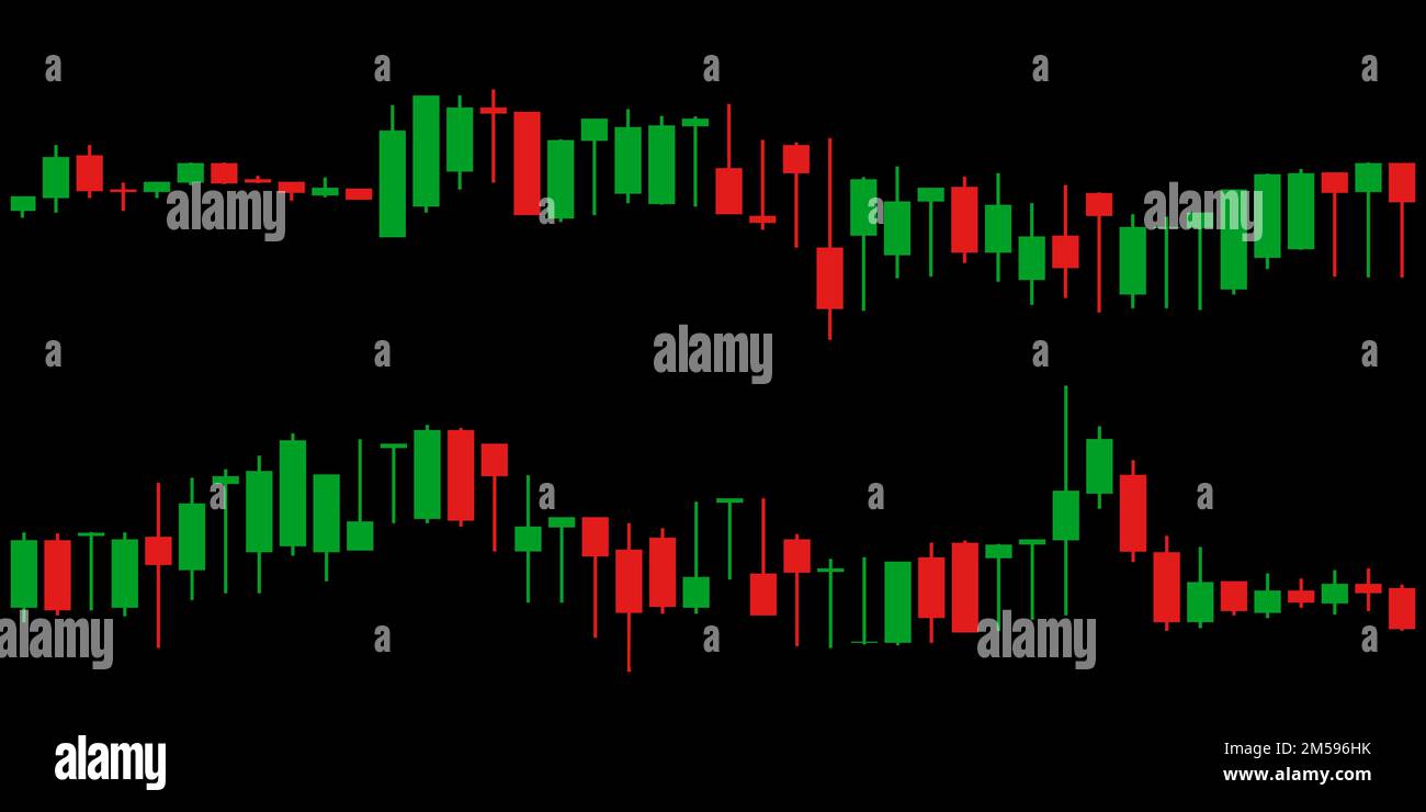 Two red and green Japanese candlestick graph charts on black background