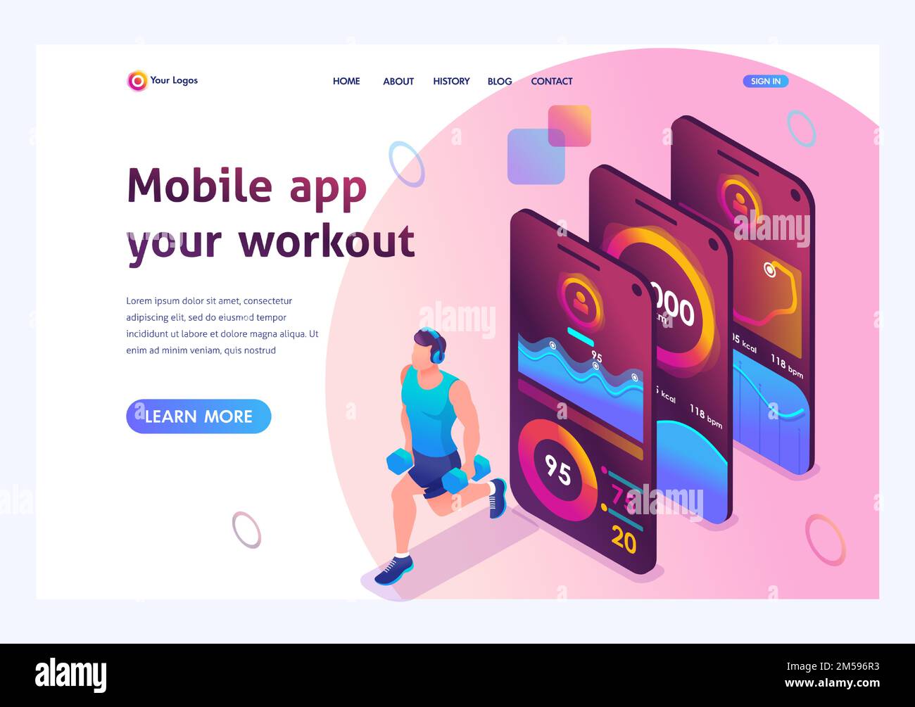 Isometric concept The mobile app tracks a person's training. The athlete trains the major muscle groups. Landing page template for the site. Stock Vector