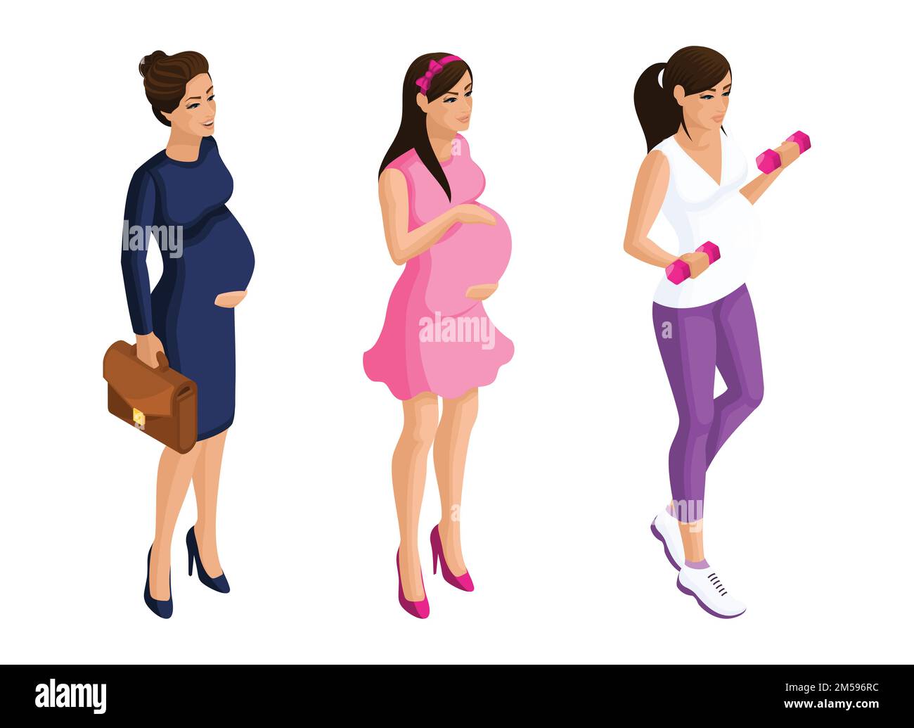 Isometry A pregnant girl in different forms, a business woman, on a walk, goes in for sports. Set of characters for vector illustrations. Stock Vector