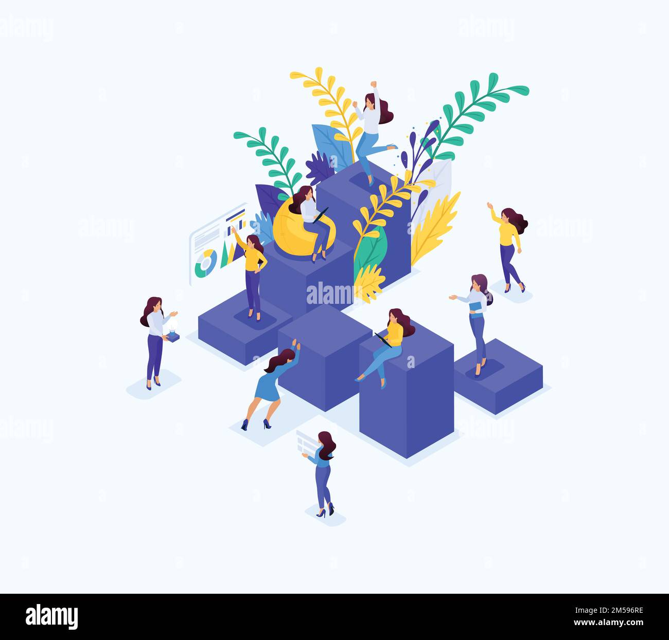 Isometric concept career ladder for women, success in big business. Business lady succeeds. Concept for web design. Stock Vector