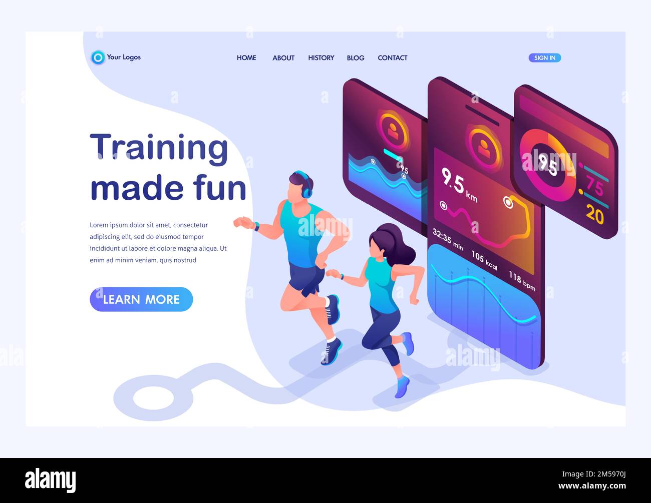 Isometric concept train together, reach your goal using the mobile app to track your activity