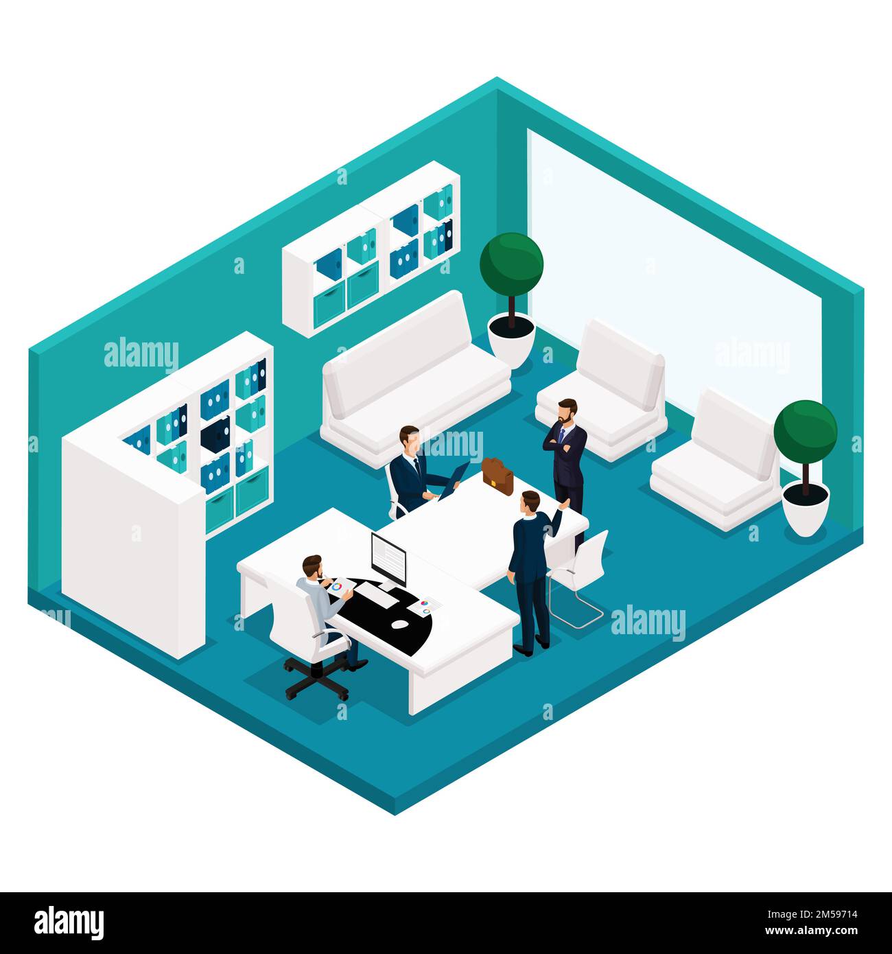 Trend isometric people, a room, an office manager rear view, a large table for meetings, negotiations, meetings, brainstorming, businessmen in suits i Stock Vector