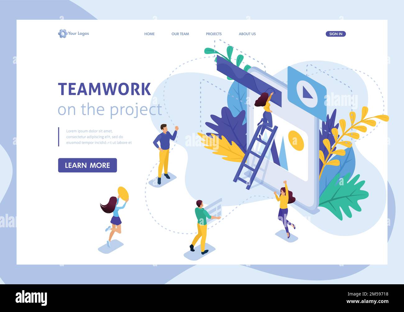Isometric concept workflow and teamwork of a big team on a project