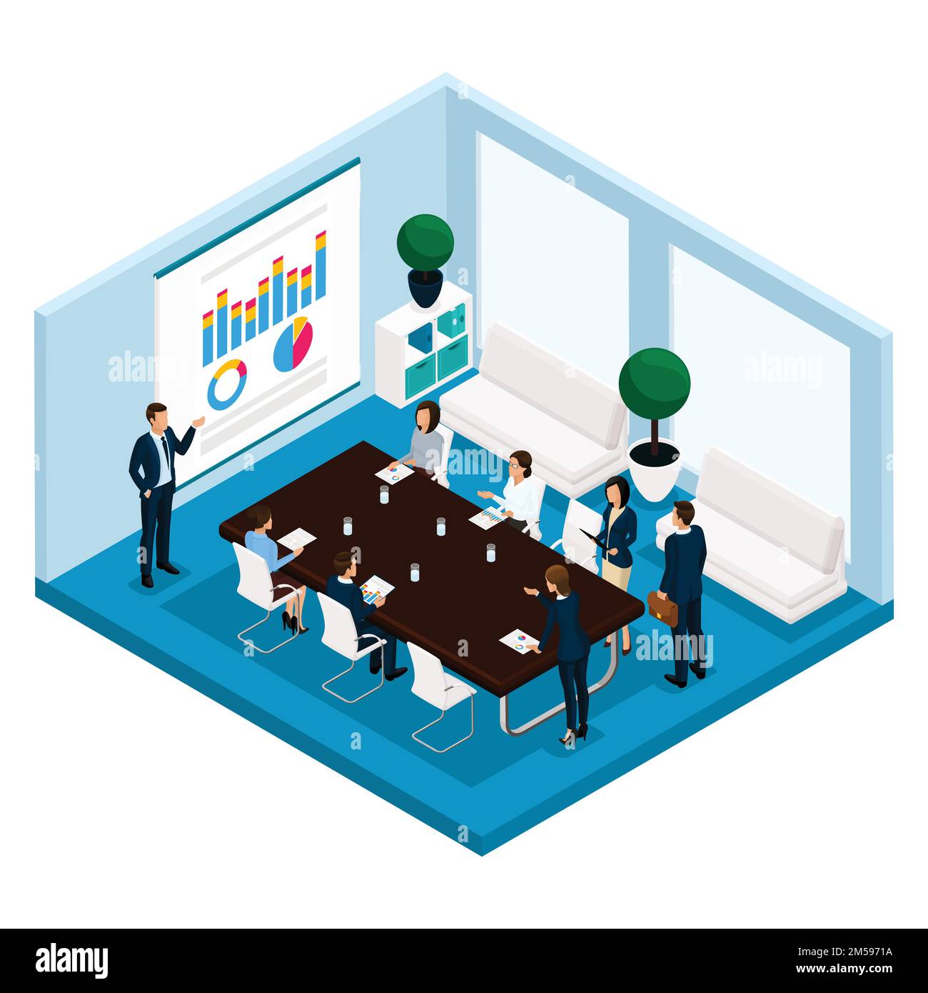 Trend isometric people, a room, an office manager is a front view, a