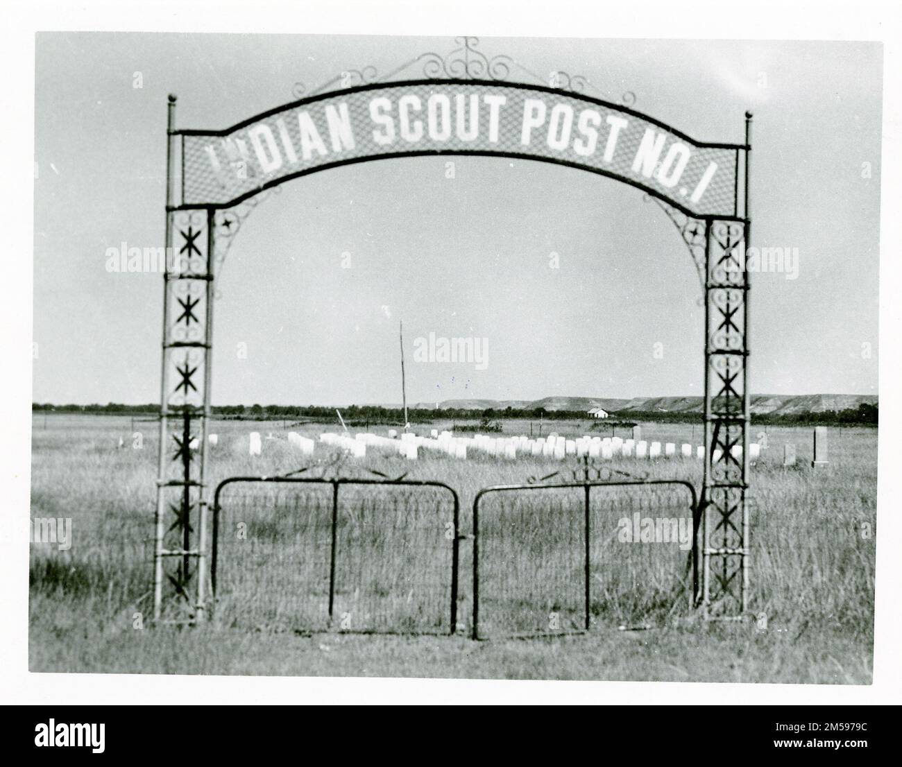 Graveyard of Indian Scouts Who Served with United States Army. 1900 - 1960. Central Plains Region (Kansas City, MO). Photographic Print. Department of the Interior. Bureau of Indian Affairs. Aberdeen Area Office. Fort Berthold Agency. 1949-. Photographs Stock Photo