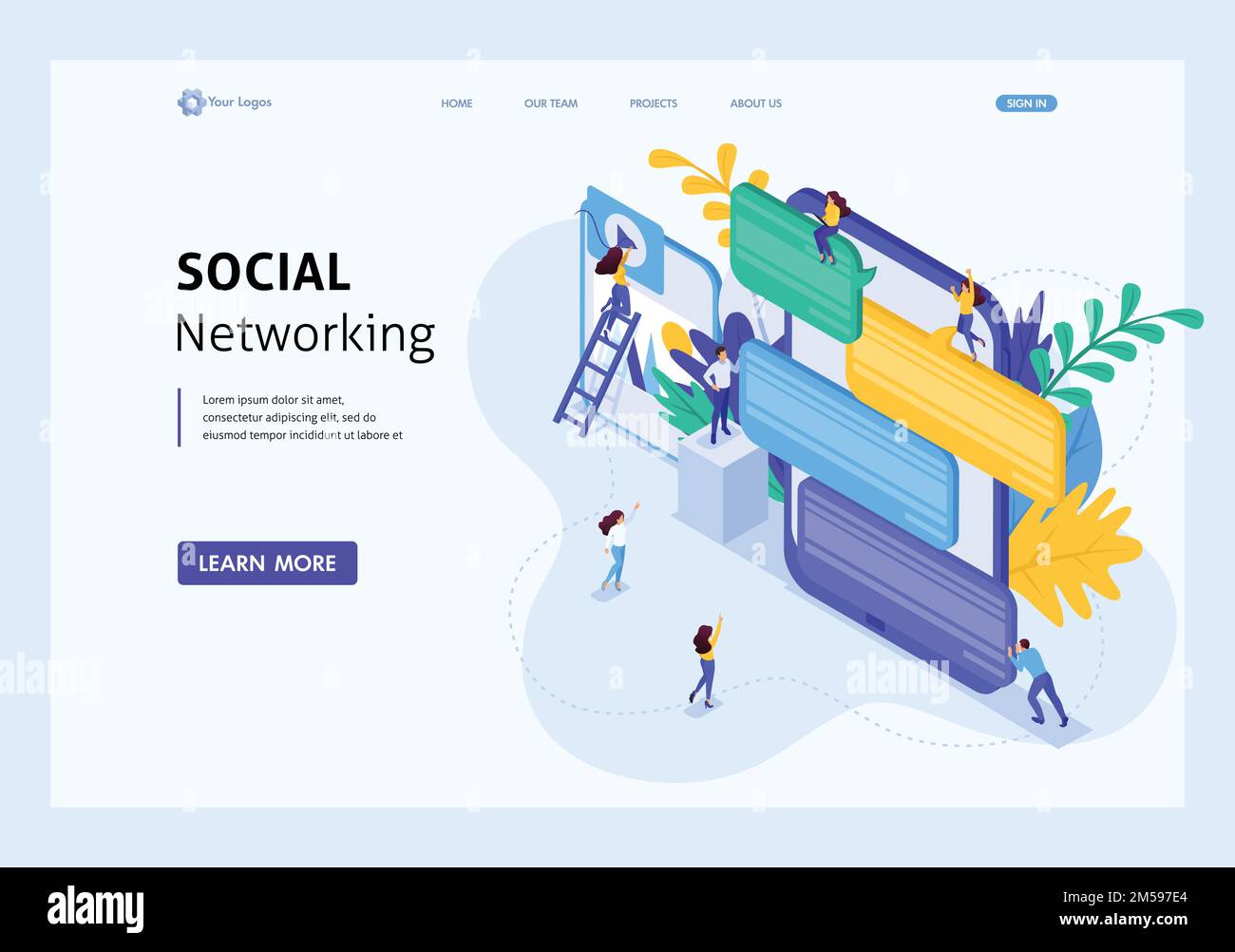 Isometric concept communication of young people in social networks, sending messages and photos. Website Template Landing page. Stock Vector