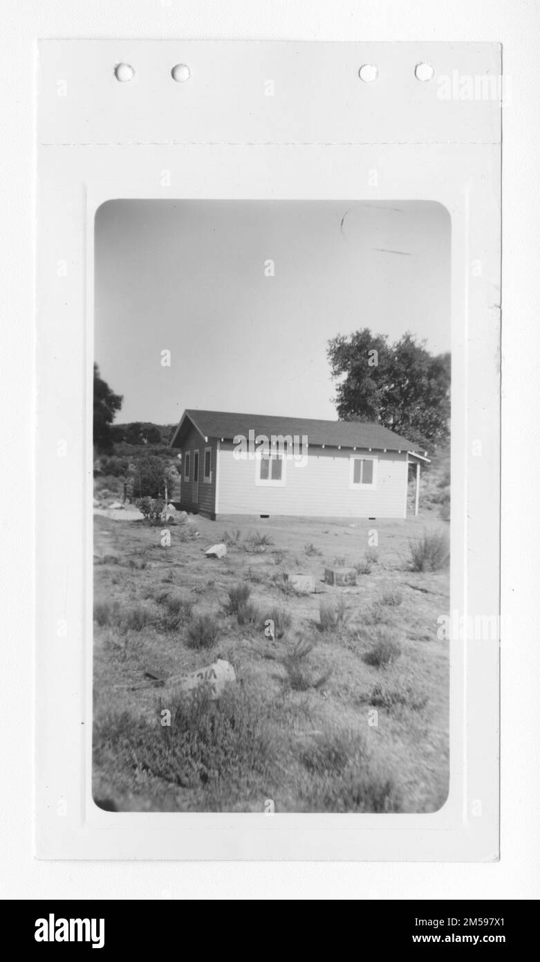 Original caption: 'This is Andrew Cuero's new house on the Manzanita Reservation, though not a good 'take'. June 29, 1937.'. 1936 - 1942. Pacific Region (Riverside, CA). Photographic Print. Department of the Interior. Office of Indian Affairs. Mission Agency. 11/15/1920-6/17/1946. Photographs Stock Photo