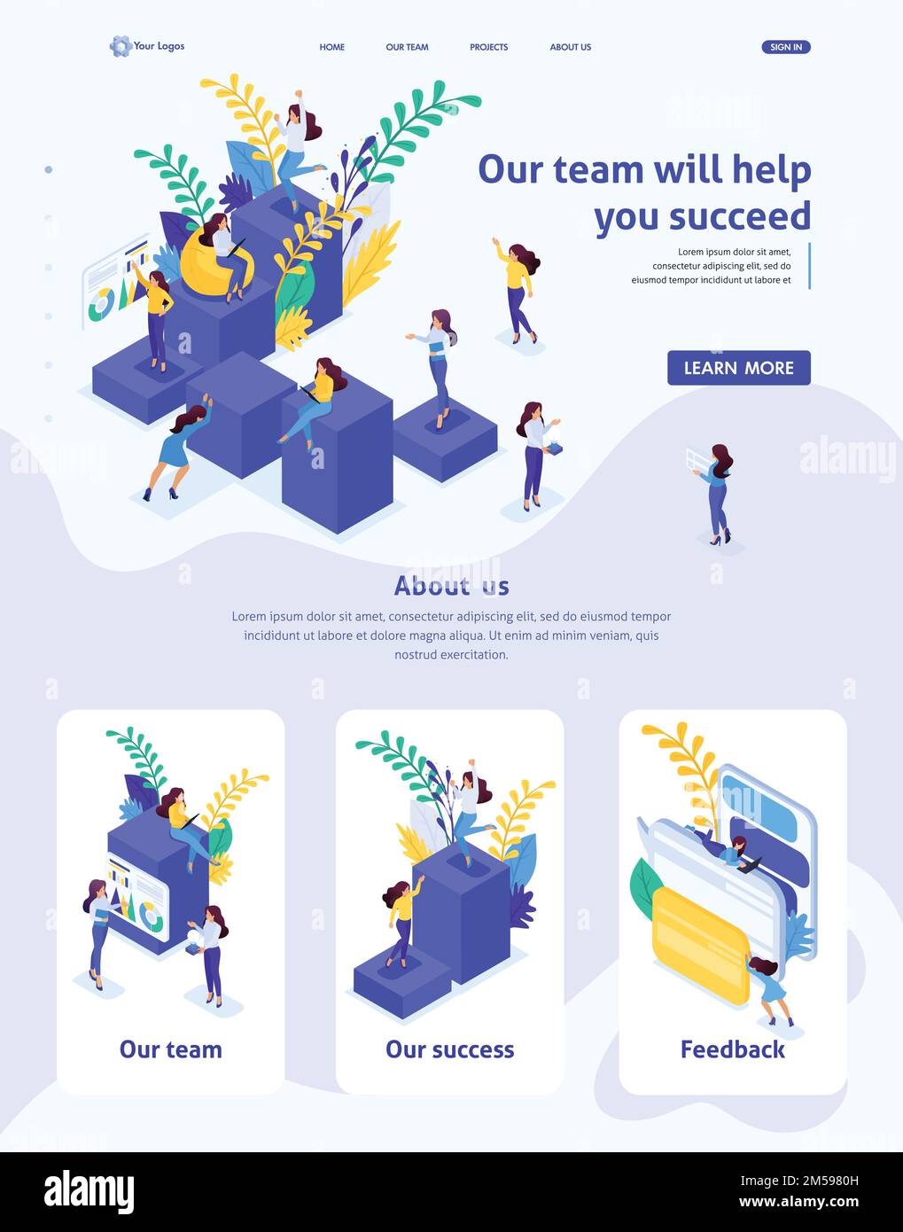 Isometric Website Template Landing page concept concept career ladder for women, success in big business. Business lady succeeds. Adaptive 3D. Stock Vector