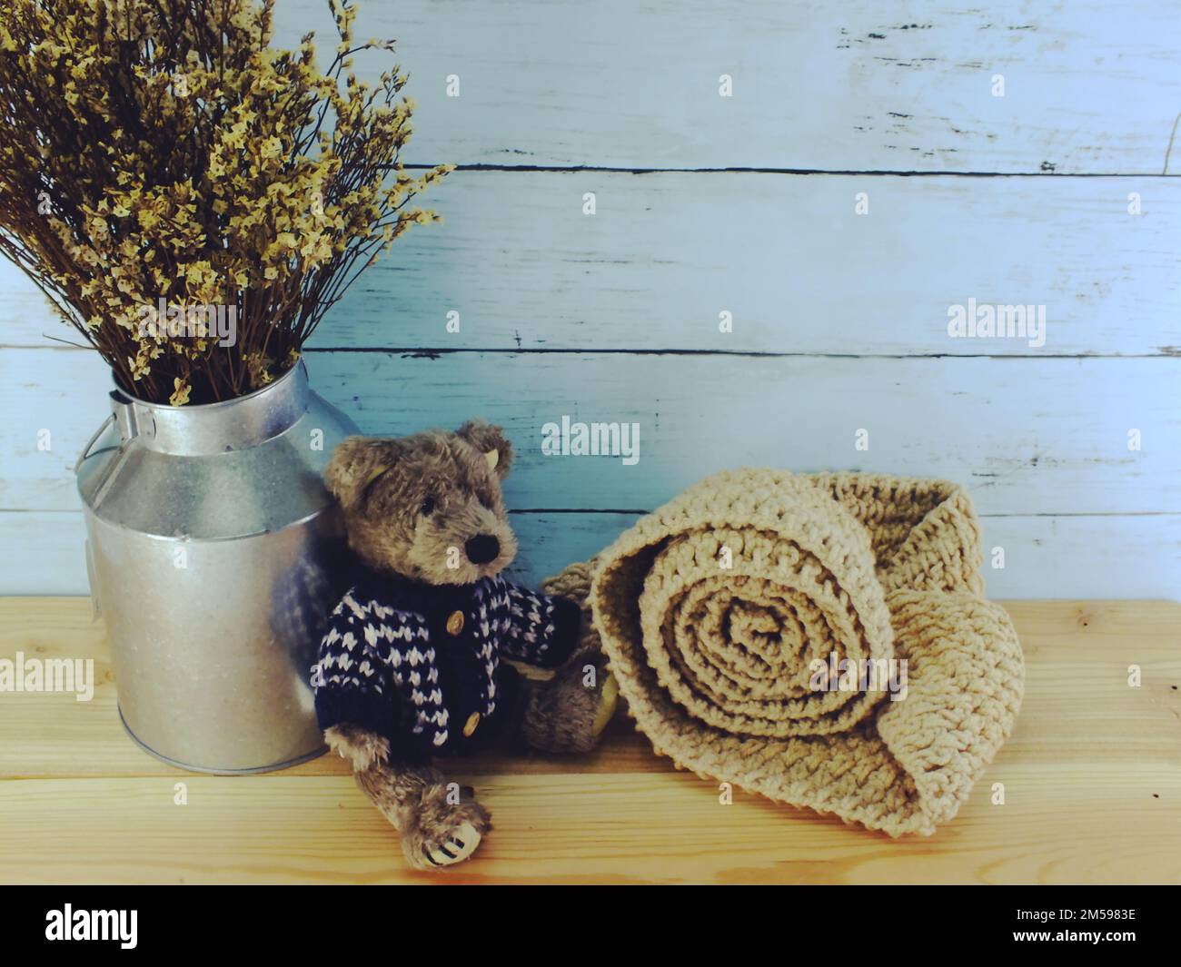 teddy bear with scarf and copy space background Stock Photo - Alamy