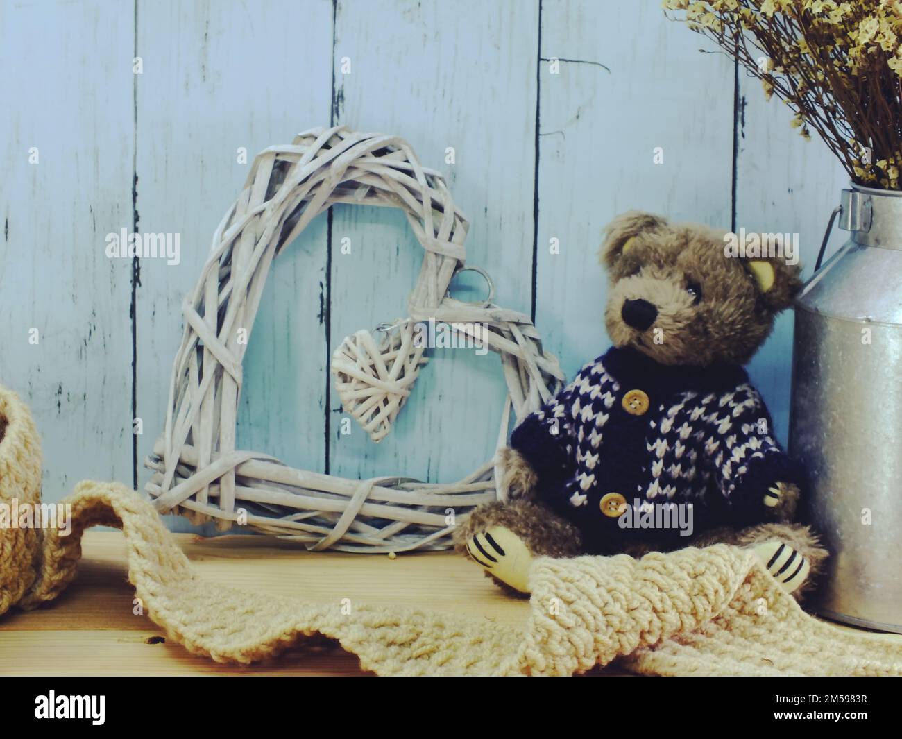 teddy bear with scarf and copy space background Stock Photo - Alamy