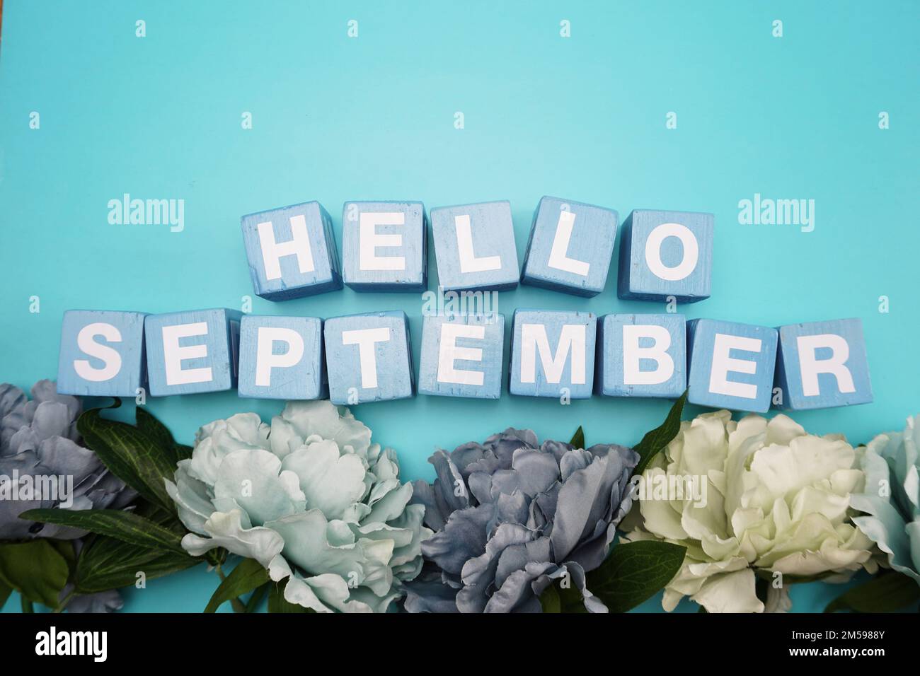 hello september alphabet letters with flower bouquet on blue background ...