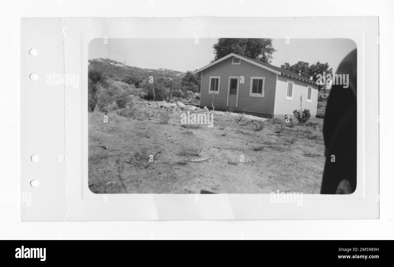 Original caption: 'This is Andrew Cuero's new house on the Manzanita Reservation, though not a good 'take'. June 29, 1937.'. 1936 - 1942. Pacific Region (Riverside, CA). Photographic Print. Department of the Interior. Office of Indian Affairs. Mission Agency. 11/15/1920-6/17/1946. Photographs Stock Photo