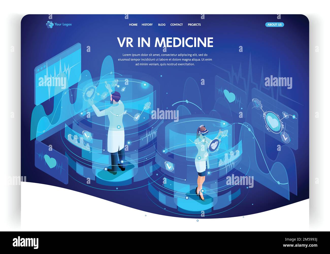 Website template design. Isometric concept augmented reality for medicine, doctors work on virtual screens. Web design landing page. Easy to edit and Stock Vector