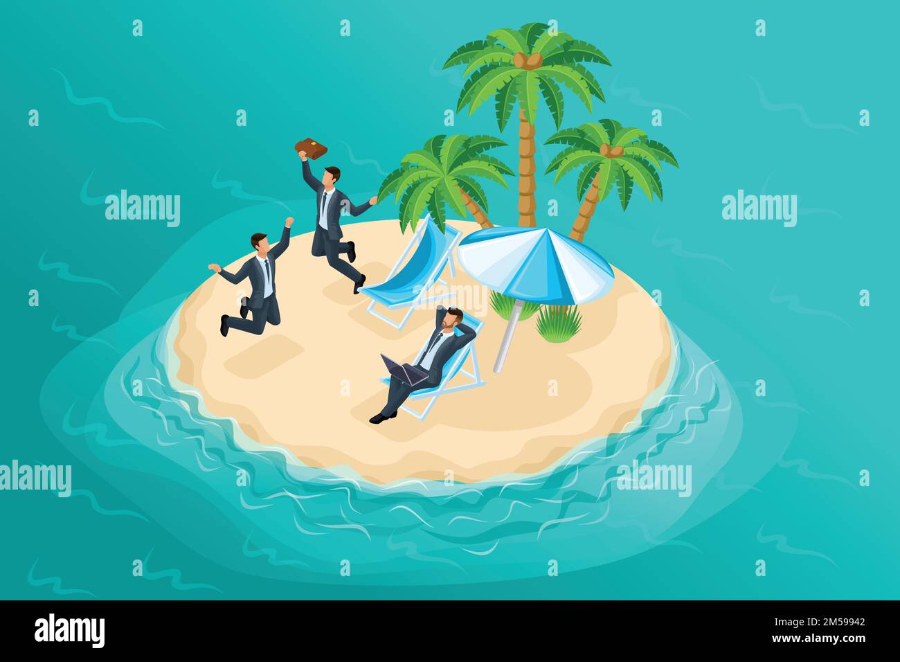 Quality Isometry, a bright composition of free work on fairy-tale islands. The dream of any office employee. For promotional products. Stock Vector